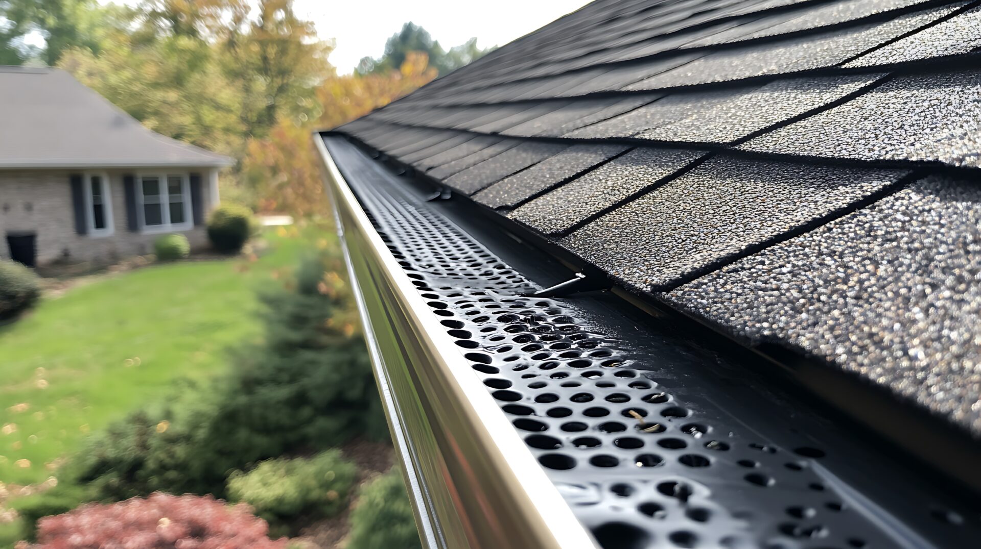 Micro-mesh gutter guard installed over black gutter system.