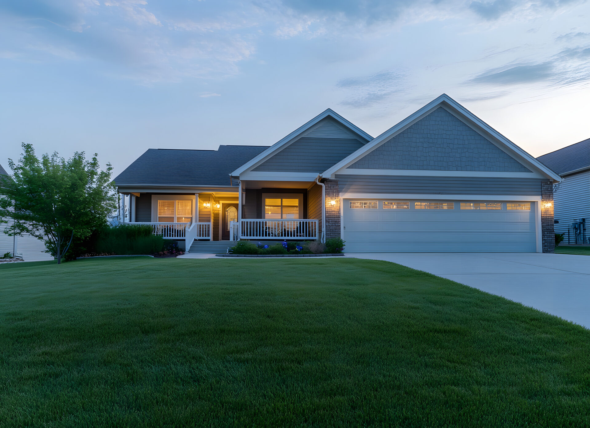 House with a two-car garage and exterior sconce lighting.