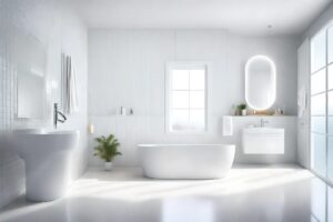 Bright remodeled bathroom with bathtub, sink, and mirror.