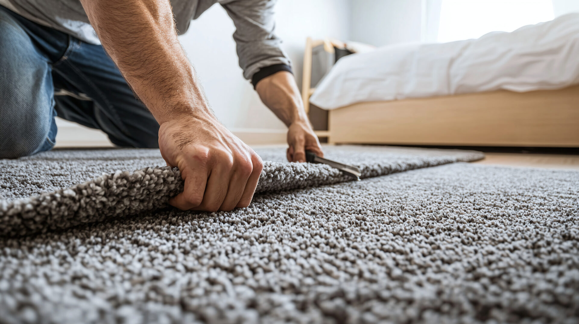 Close-up of a professional installing new carpet in a bedroom