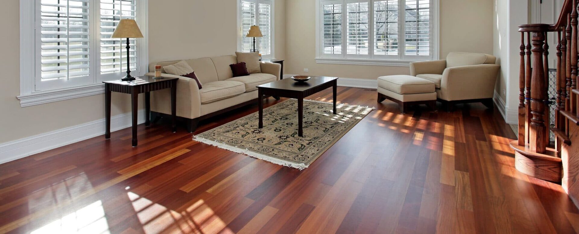 Living room with cherry wood flooring