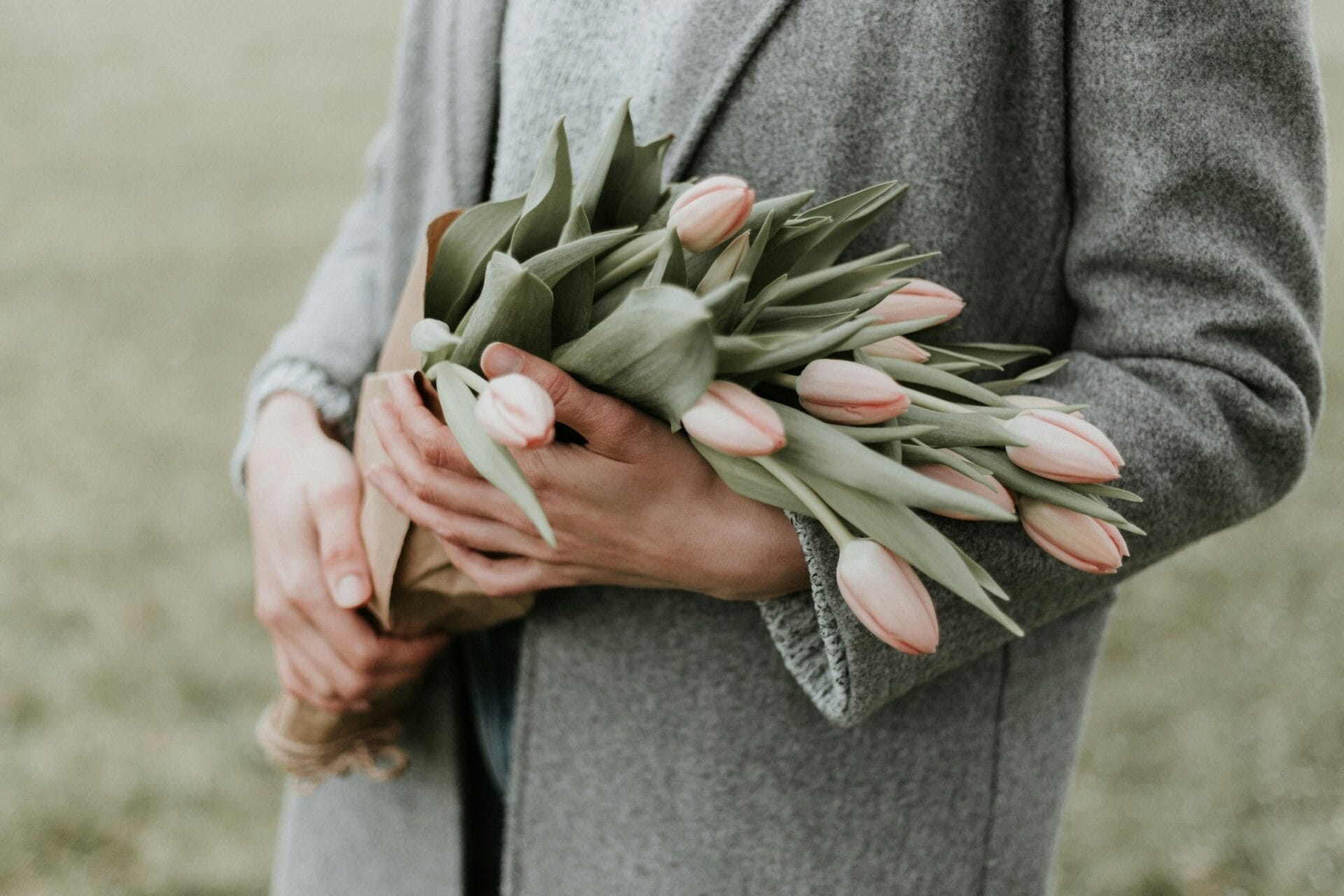 Close-up of a woman's hands holding a bouquet of light pink tulips against her light gray sweater.